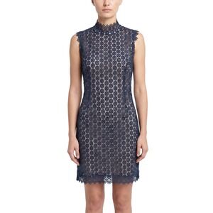 Vintage Blue Lace Mini Dress High Neck Sleeveless Lined Fitted CocktSize S